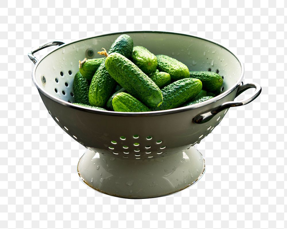 Cucumbers in colander png sticker, transparent background