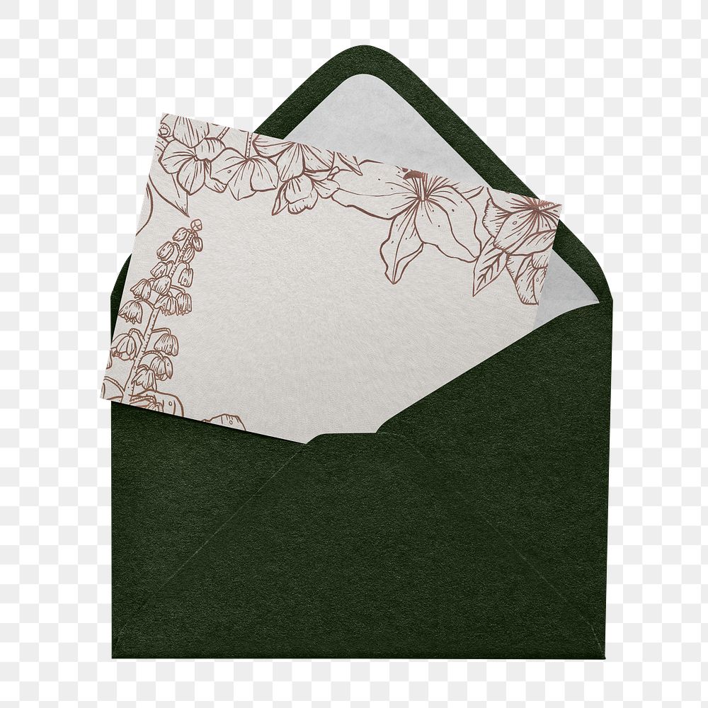 Green envelope png floral card sticker, transparent background