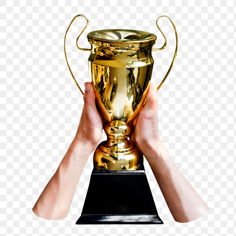 Hand holding trophy png sticker isolated image, transparent background