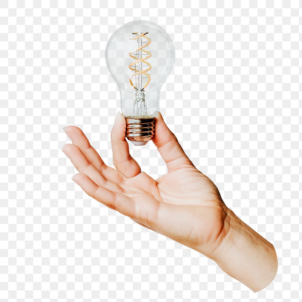 Png hand holding light bulb sticker, transparent background