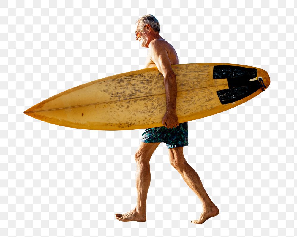 Summer vacation png senior male surfer sticker, transparent background