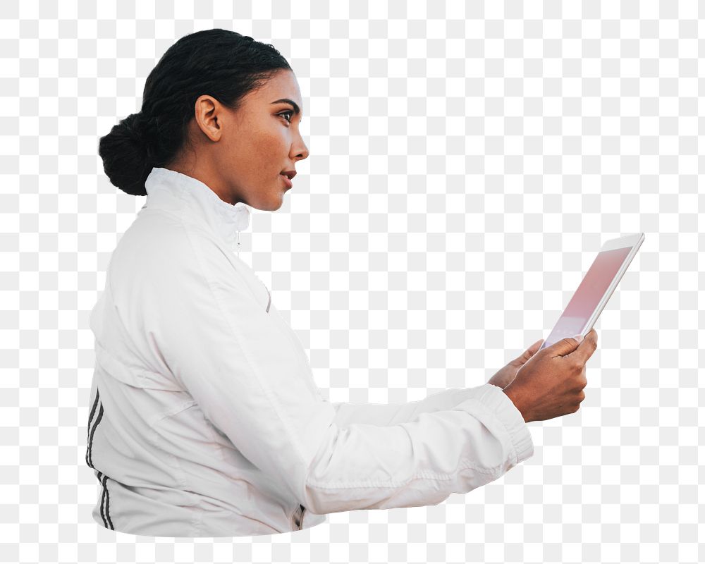 Businesswoman holding tablet png sticker, transparent background