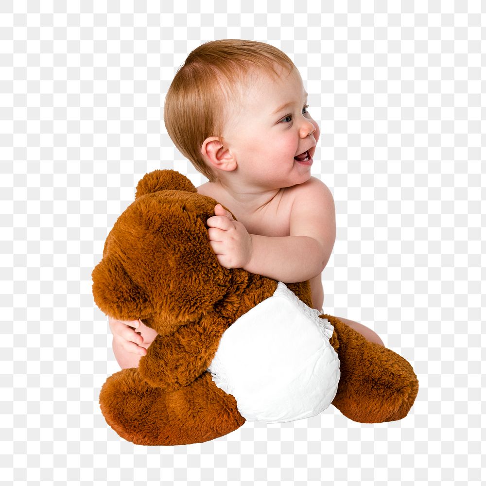 Baby hugging teddy bear png sticker, transparent background