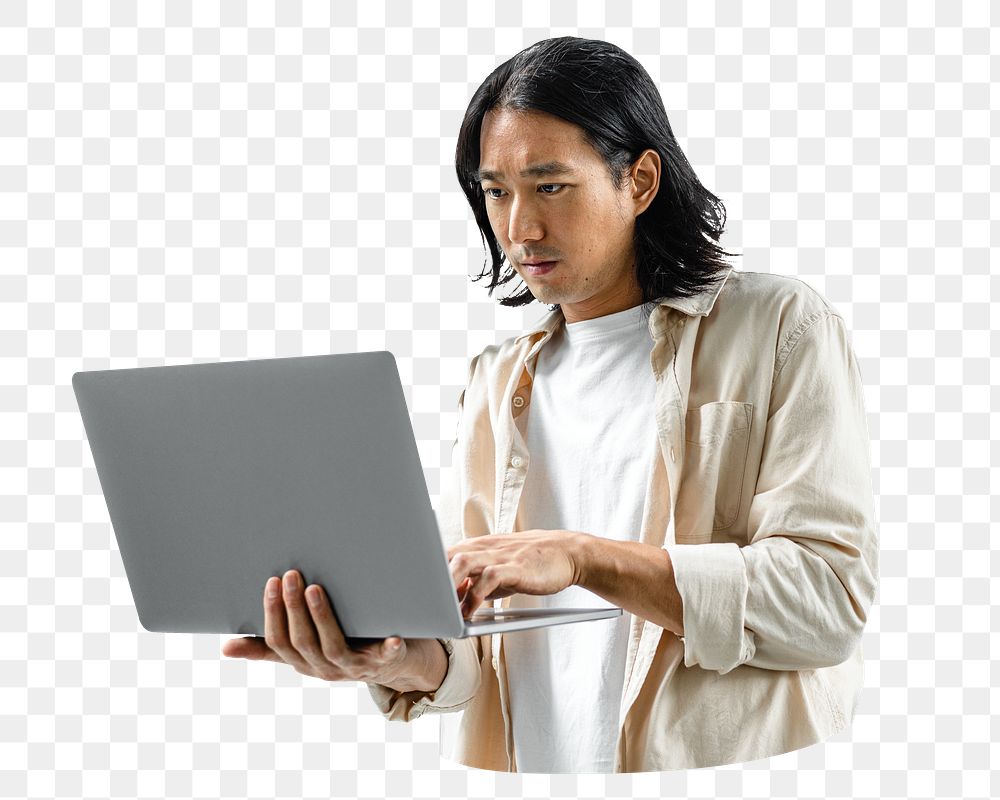 Png Asian man using laptop sticker isolated image, transparent background