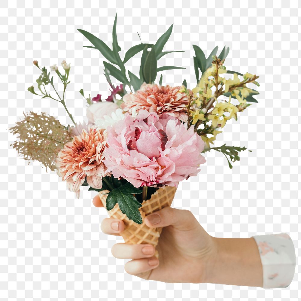 Flower bouquet png held by hand sticker, transparent background