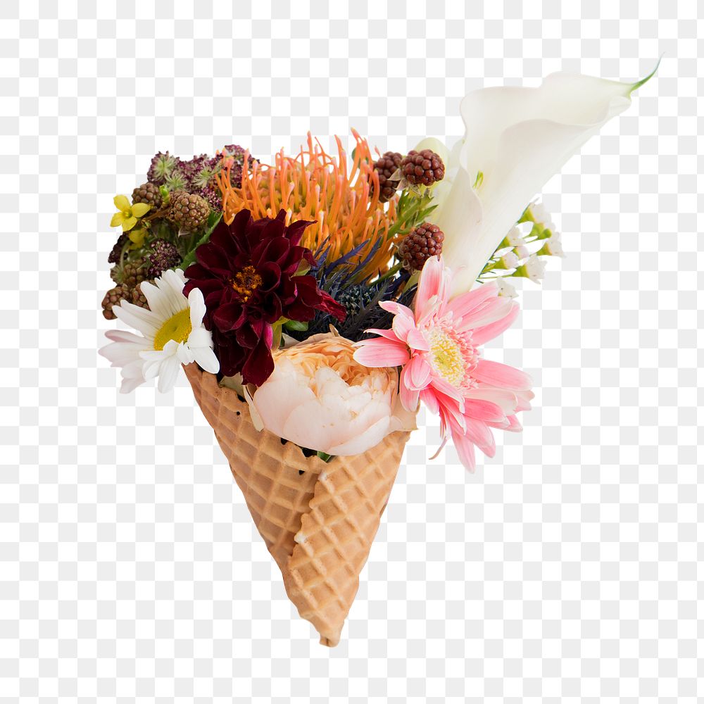 Png flowers in ice cream-cone sticker, transparent background