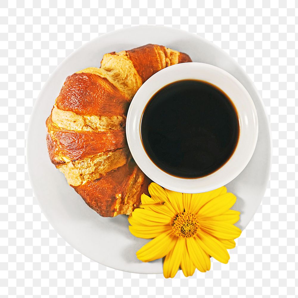 Croissant and coffee png, on a plate, transparent background