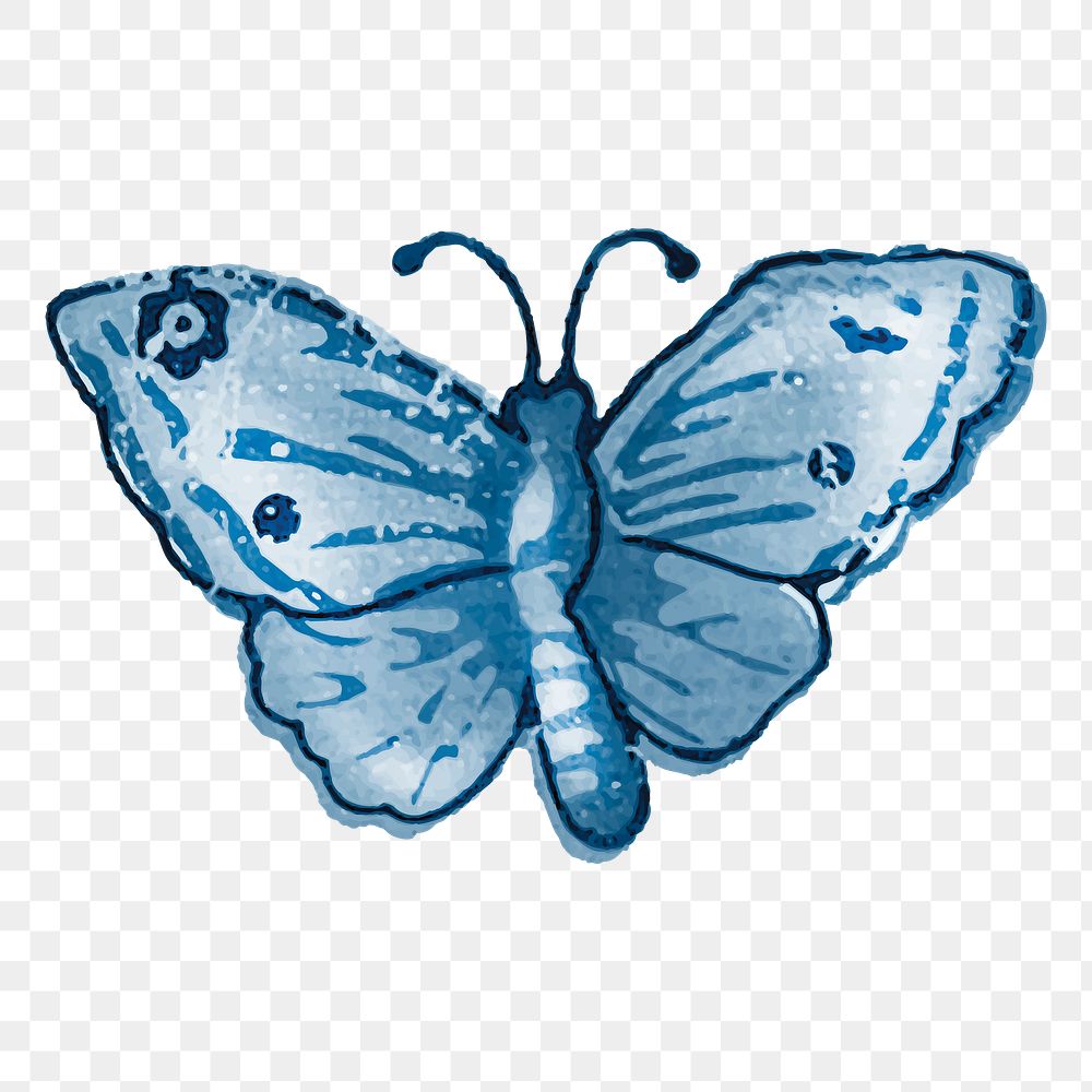 Vintage butterfly png blue watercolor, transparent background
