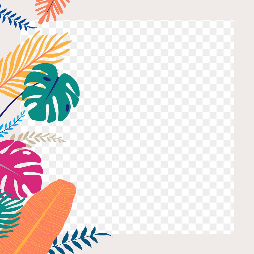 Tropical leaves png colorful frame, transparent background