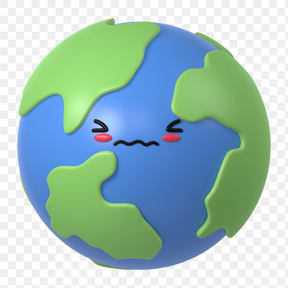 3D Earth png blushing face emoticon, transparent background