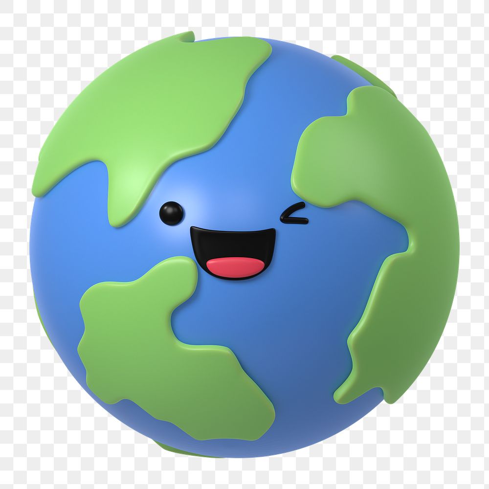 3D Earth png happy face emoticon, transparent background