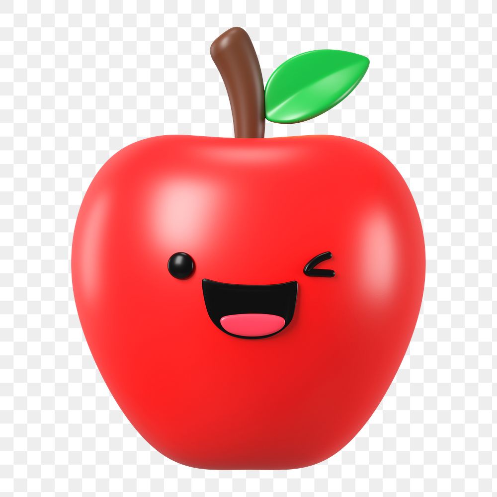 3D apple png winking face emoticon, transparent background