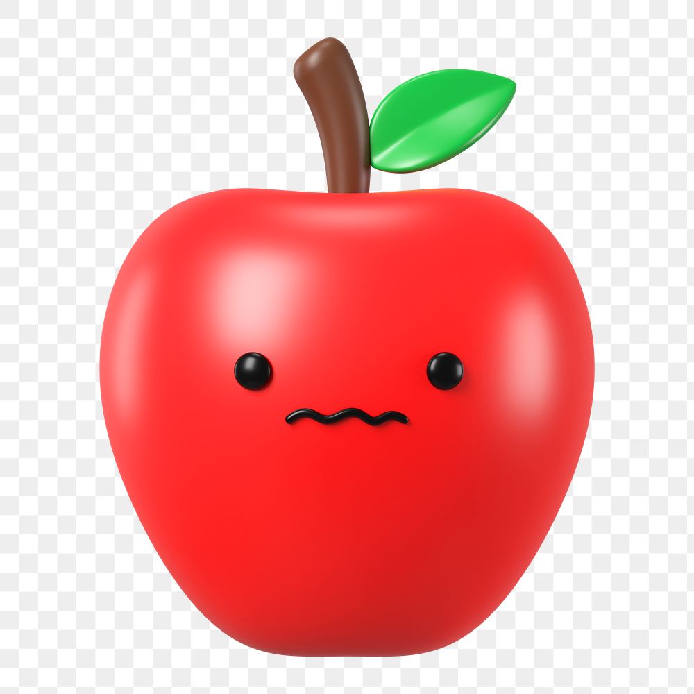 3D apple png worried face emoticon, transparent background