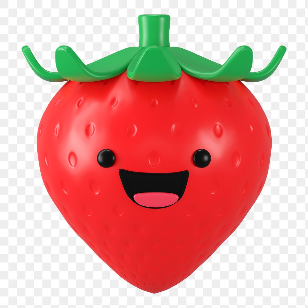 3D strawberry png happy face emoticon, transparent background
