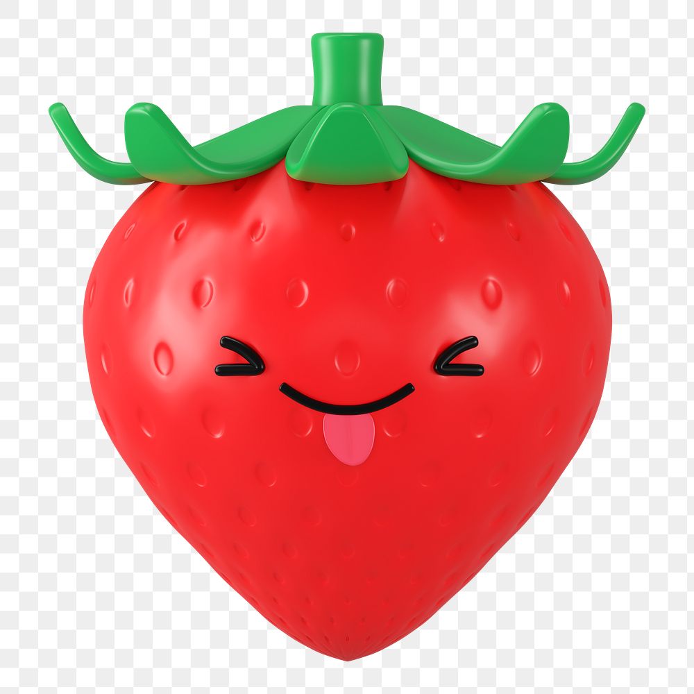Playful strawberry png 3D stick tongue out emoticon, transparent background