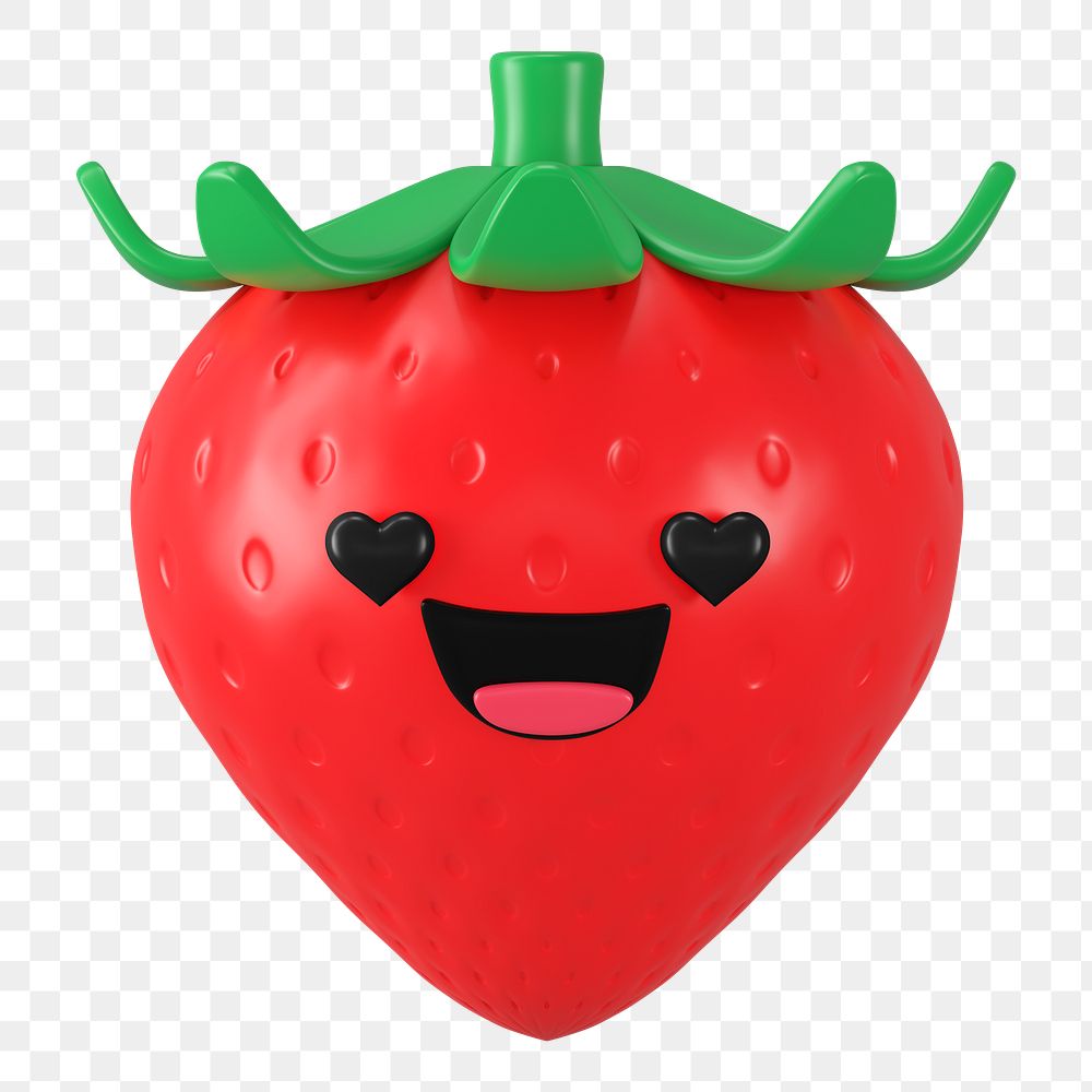 3D strawberry png heart eyes emoticon, transparent background