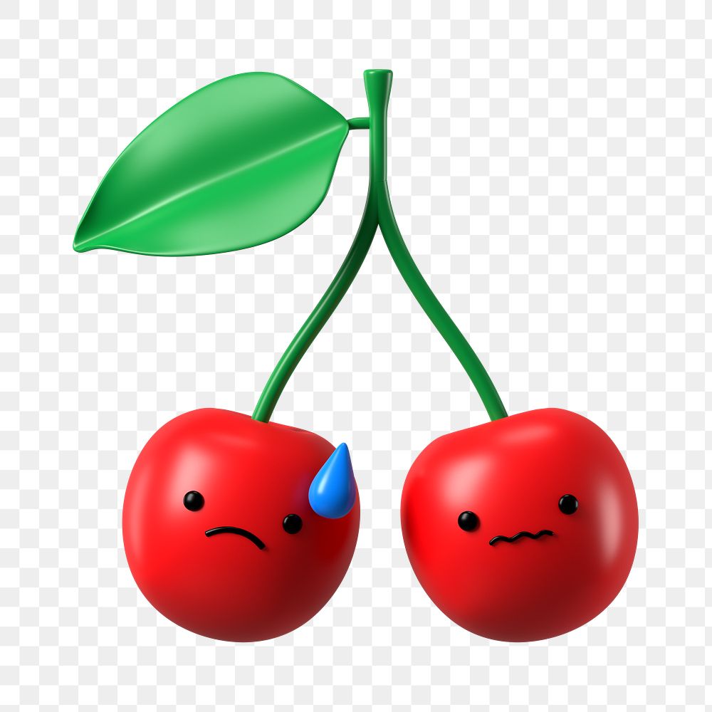3D cherries png worried face emoticon, transparent background