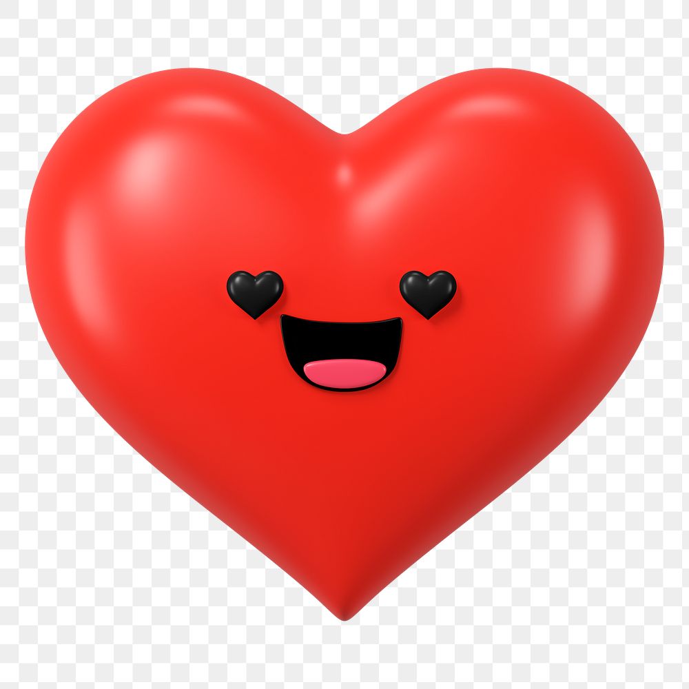 3D heart png in love face emoticon, transparent background