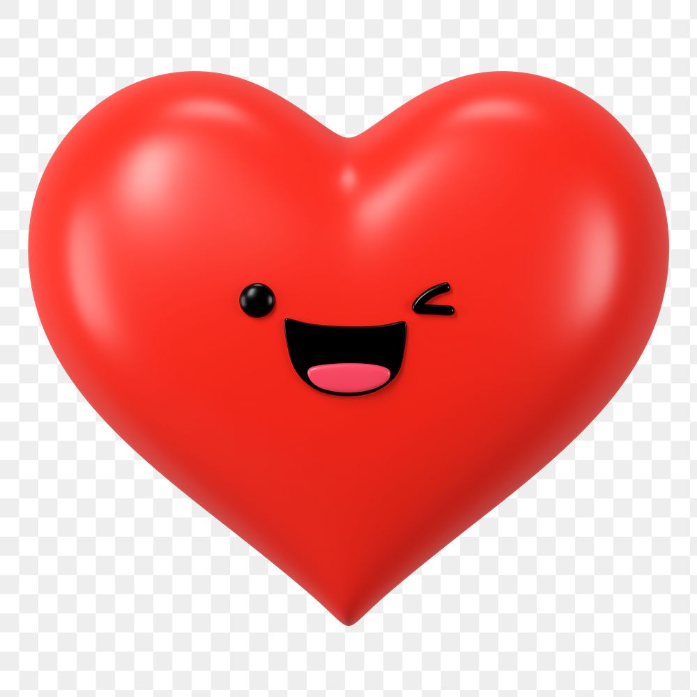 3D heart png winking face emoticon, transparent background