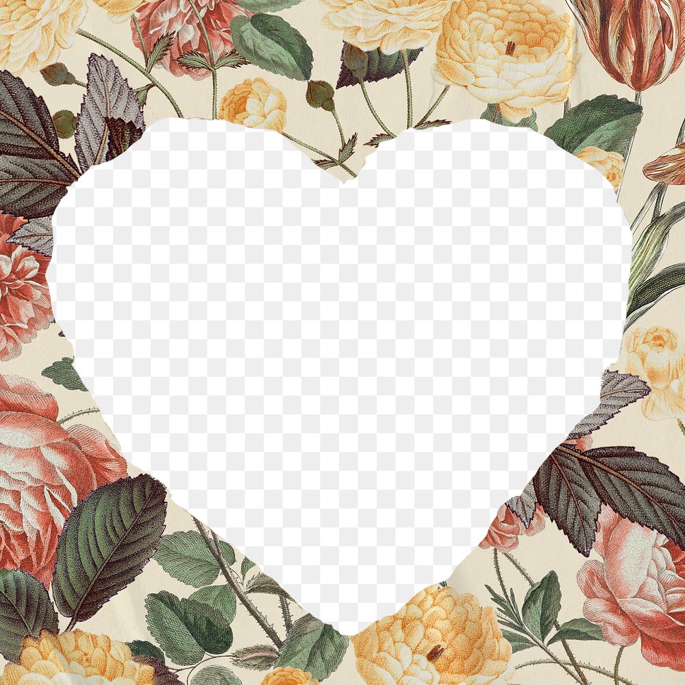 Floral heart png frame, vintage aesthetic transparent design