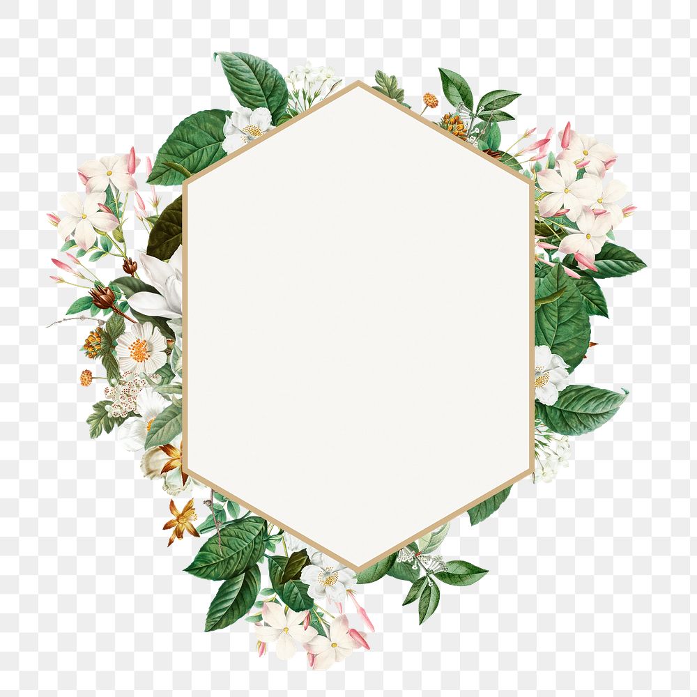 PNG Floral hexagon badge, white flower design, transparent background