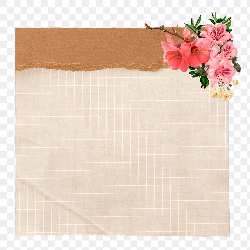 PNG Beige grid paper, pink flower design, transparent background