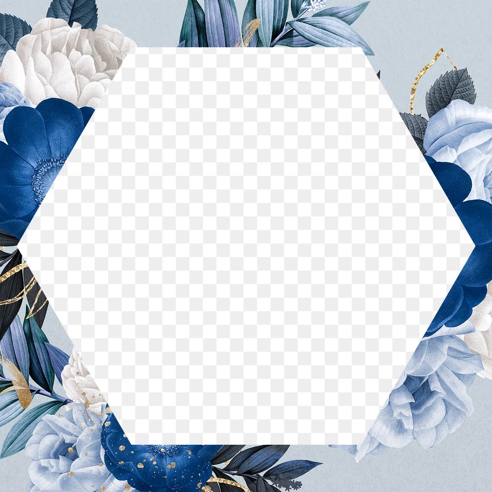 Winter flower png frame, blue hexagon shape transparent design