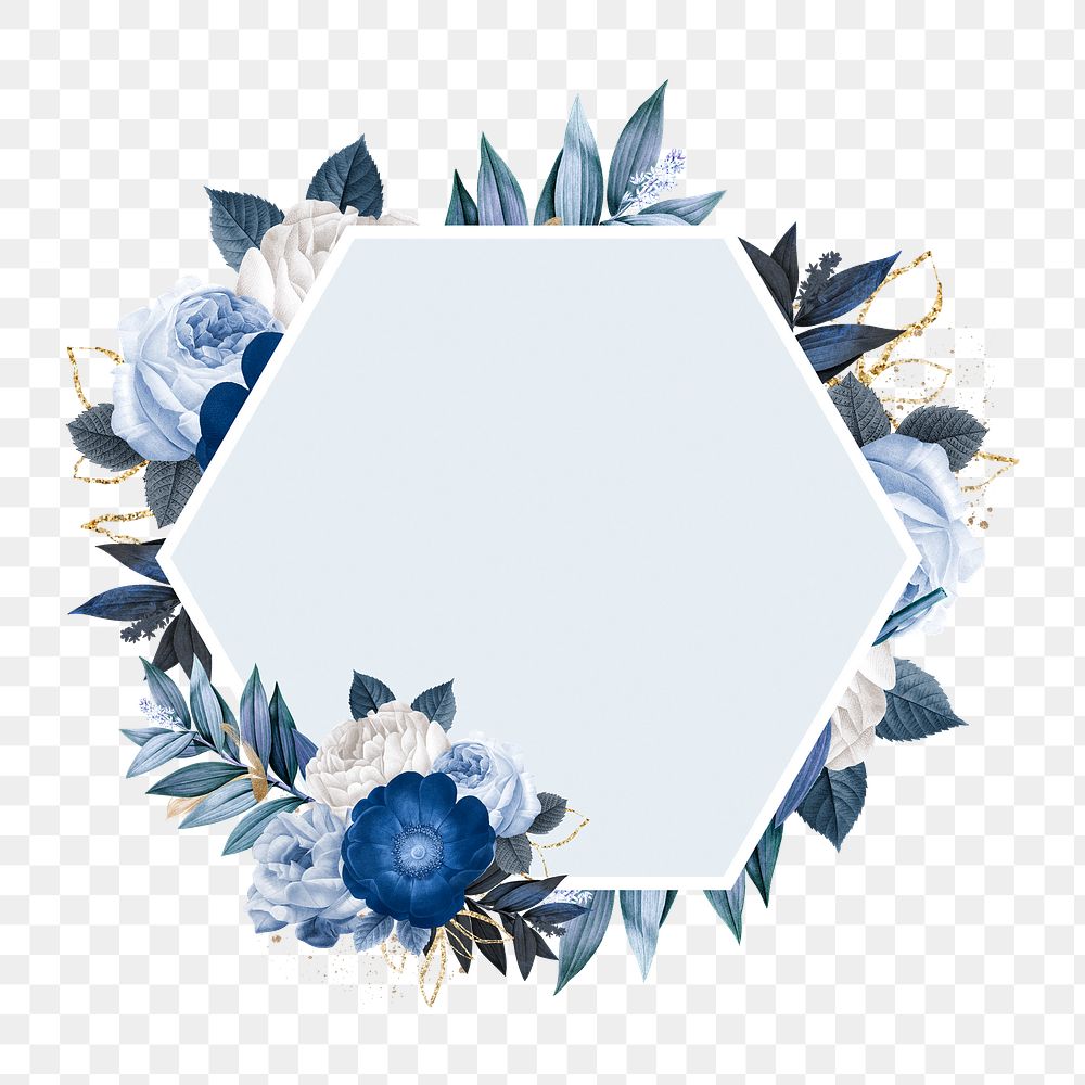 PNG Winter flower badge, blue hexagon shape design, transparent background