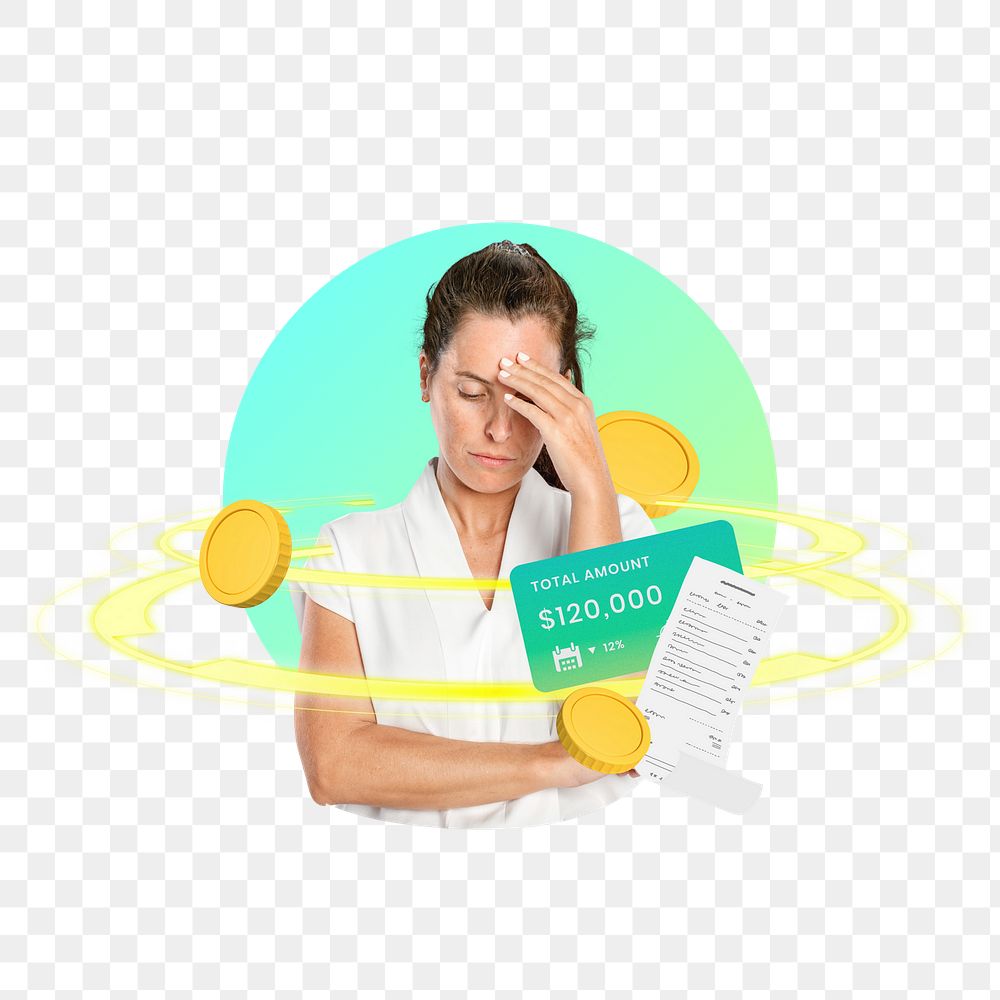 Woman financial issues png, transparent background