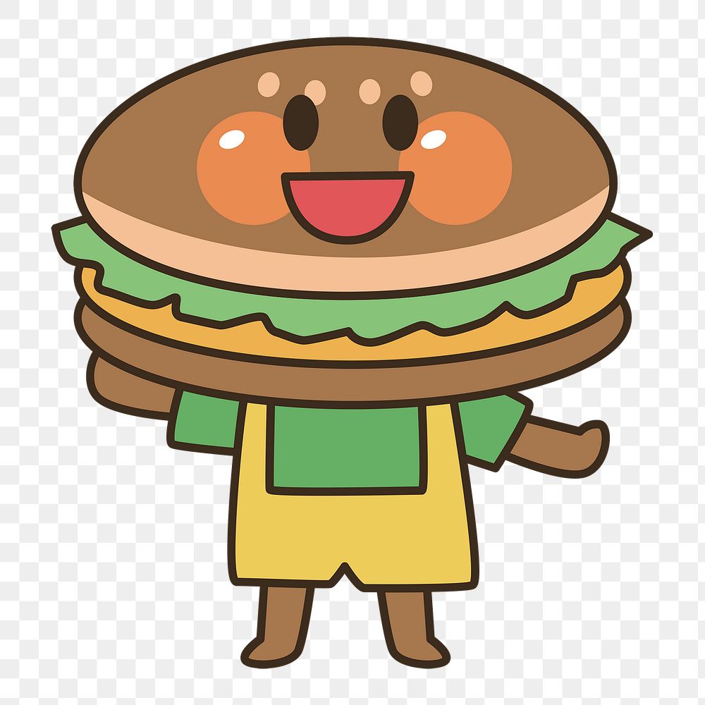 Burger character png clipart illustration, transparent background. Free public domain CC0 image.