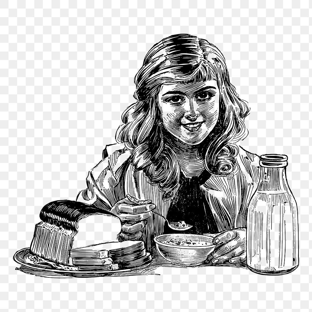 Girl having breakfast png illustration, transparent background. Free public domain CC0 image.