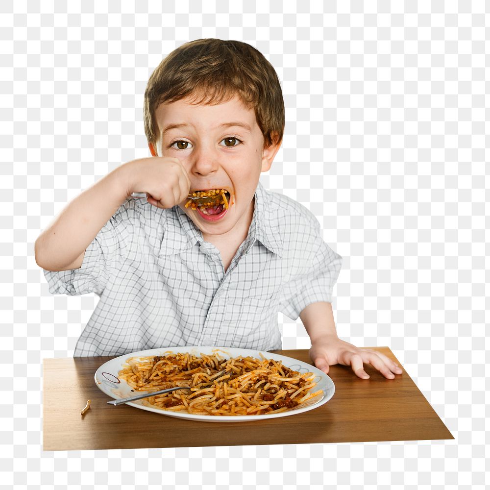 PNG boy eating spaghetti, collage element, transparent background