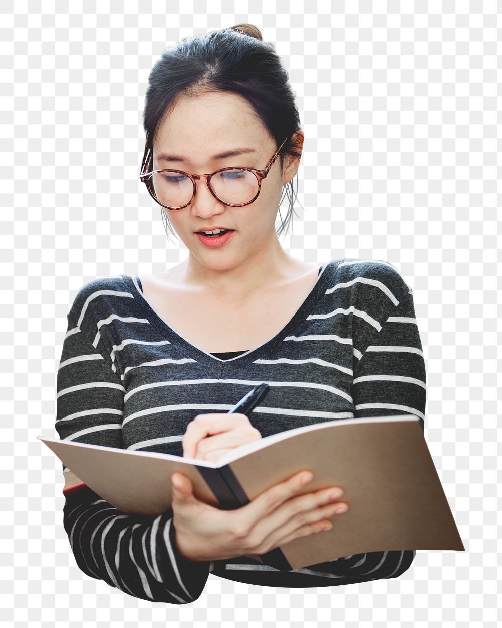 Png woman studying, isolated collage element, transparent background