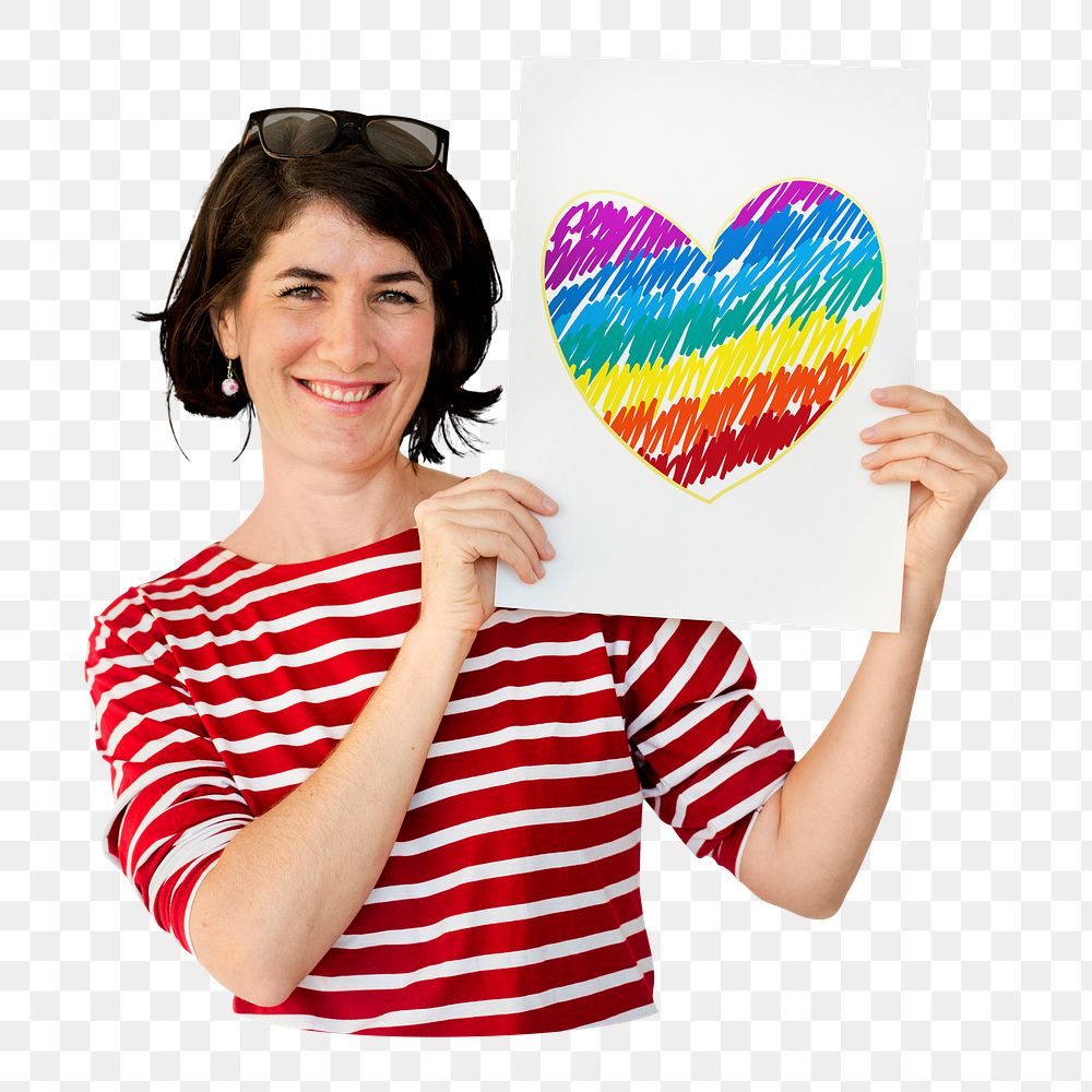 PNG Woman holding LGBT heart icon, collage element, transparent background