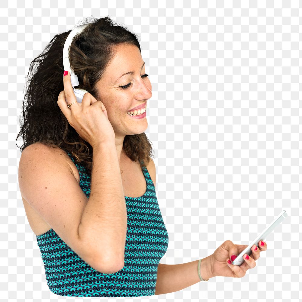 Png woman listen to music, collage element, transparent background