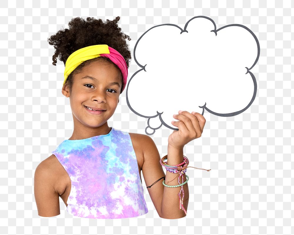 PNG Girl holding speech bubble, collage element, transparent background