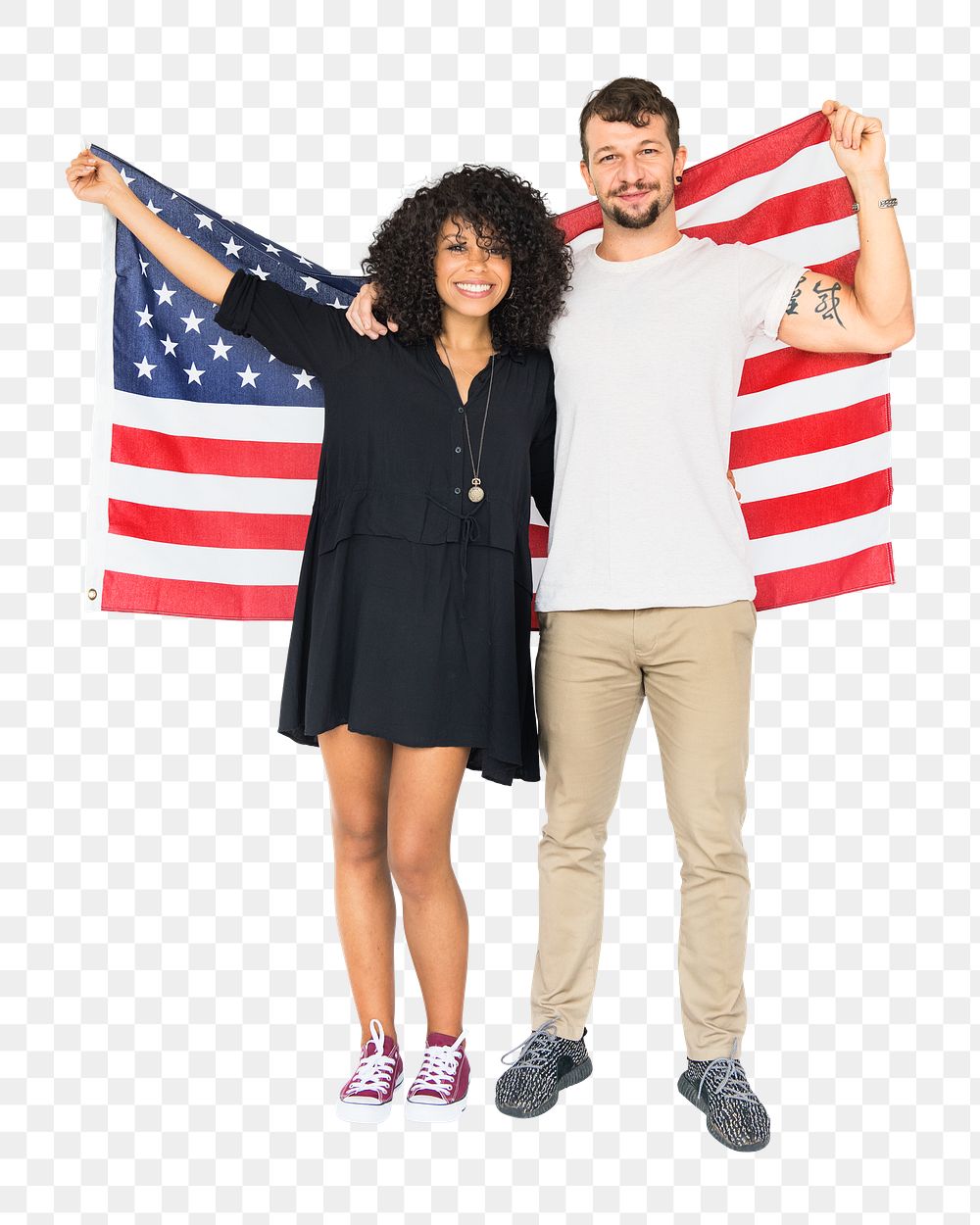 Png people holding the USA flag, collage element, transparent background