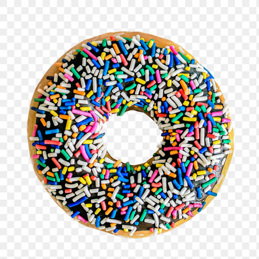 Colorful sprinkled donut png, aerial view, transparent background