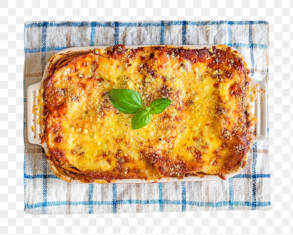 Homemade lasagna png, on a kitchen cloth, transparent background