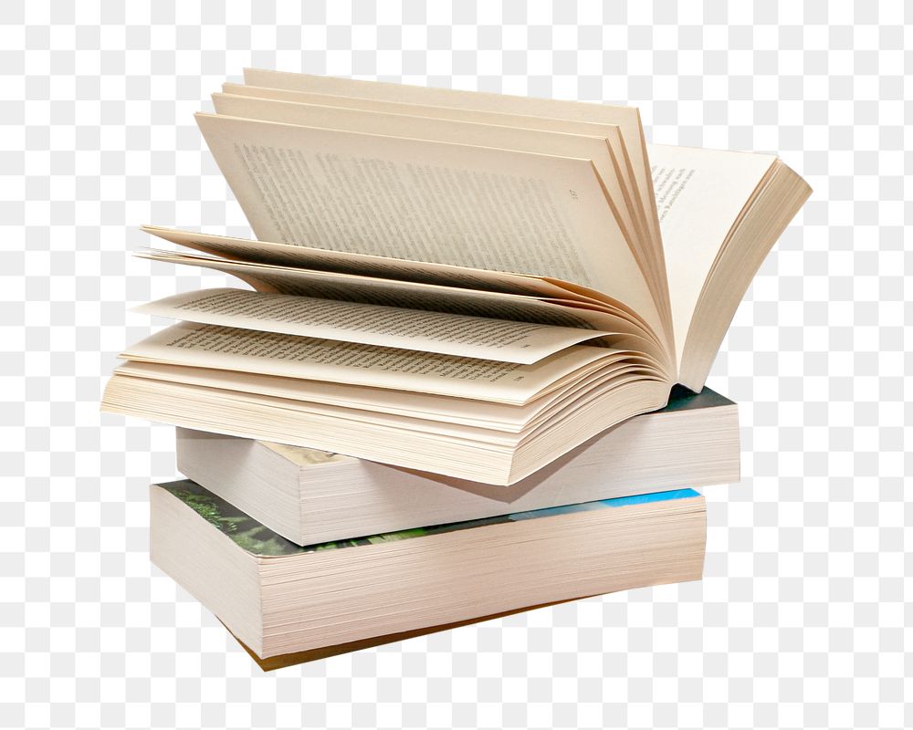 Png pile of books, isolated collage element, transparent background