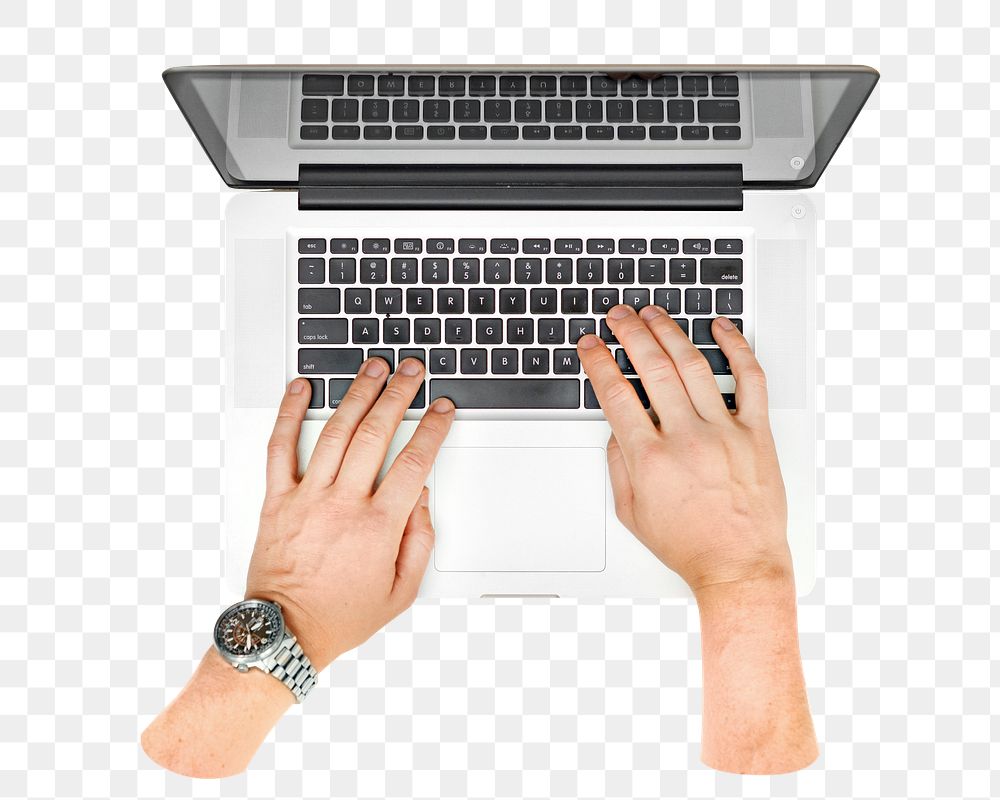 Png hand on laptop, isolated object, transparent background