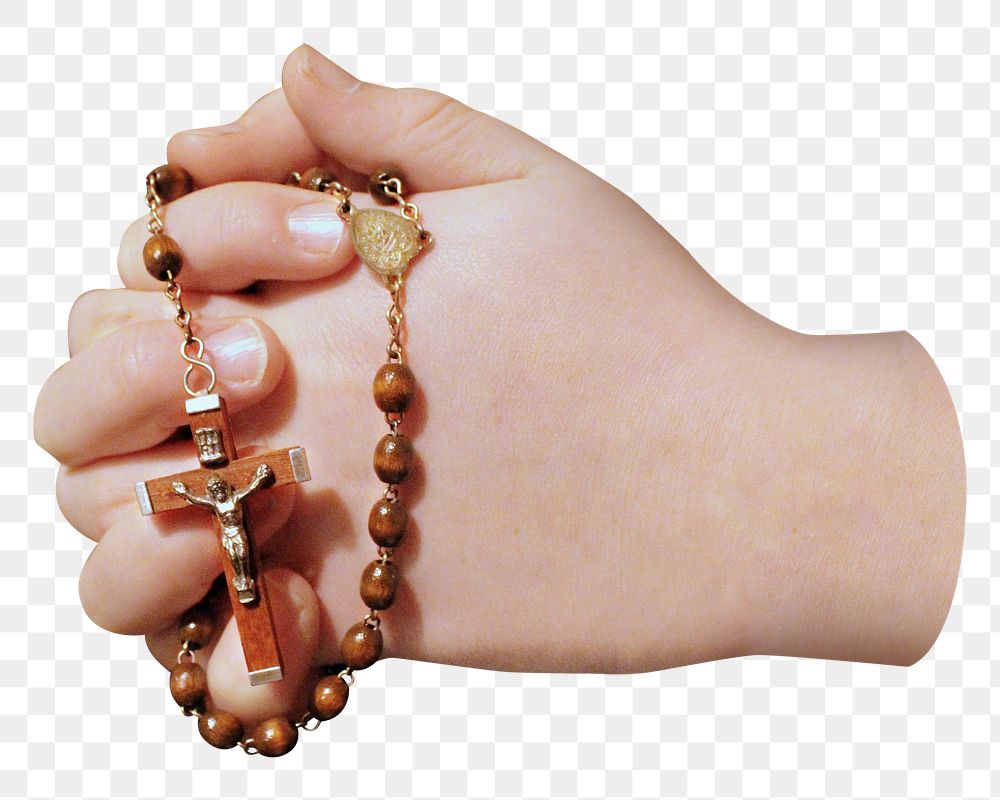 Png holding cross rosary, isolated collage element, transparent background