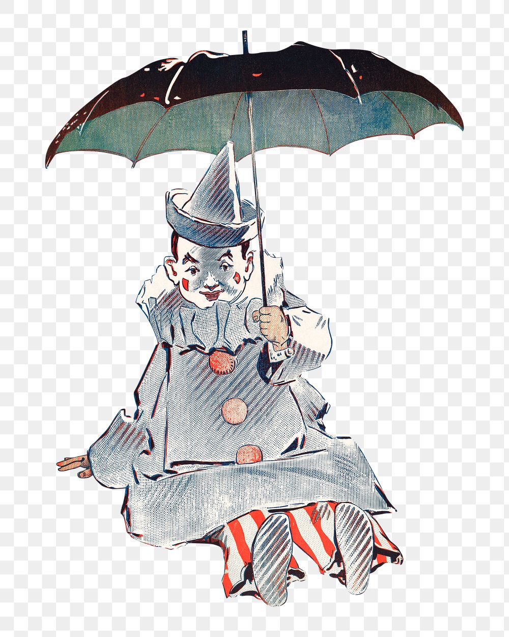 PNG Clown holding umbrella, vintage illustration by George Reiter Brill, transparent background.  Remixed by rawpixel. 