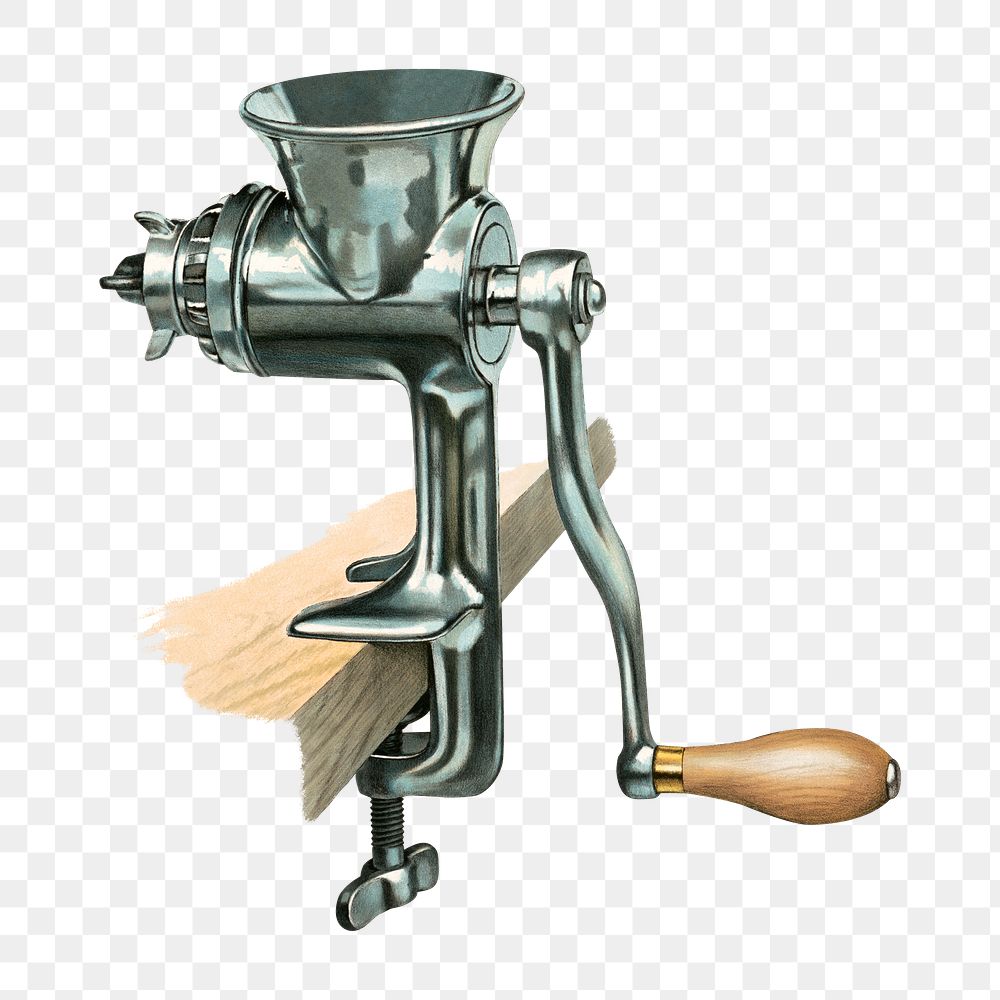PNG Meat grinder, vintage object illustration by Forbes Lithograph Manufacturing Company, transparent background.  Remixed…