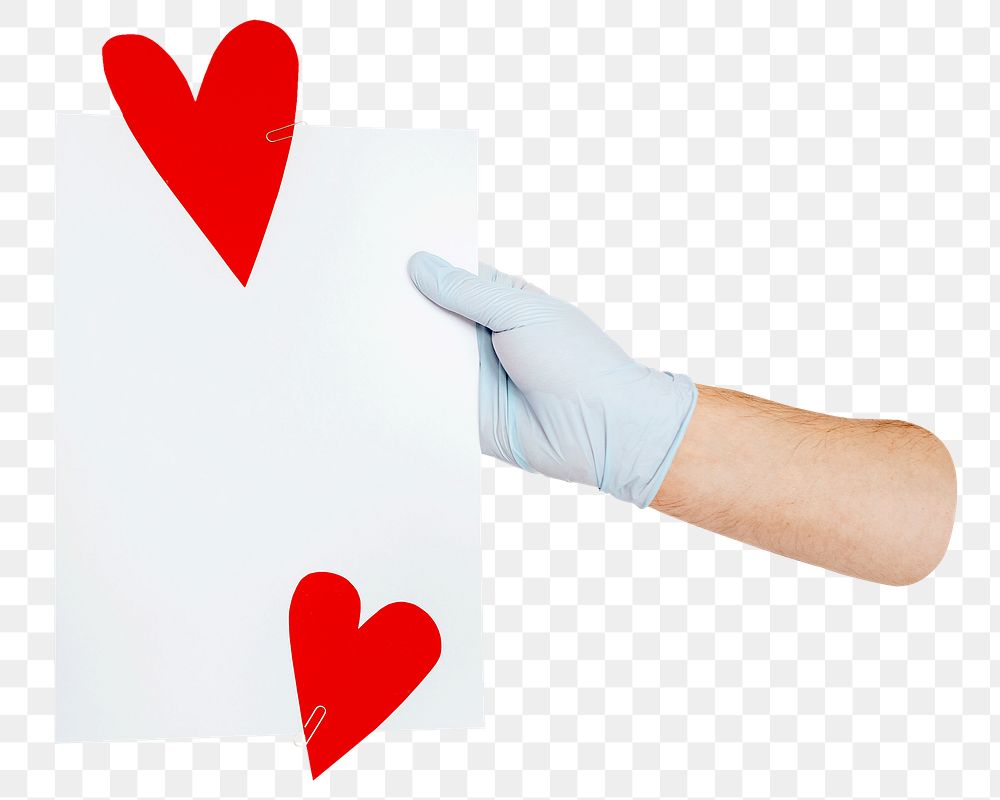 PNG Gloved hands holding a card  decorated with red hearts transparent background