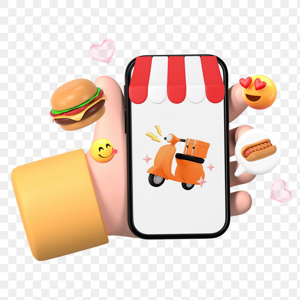 Food delivery 3D png emoticon sticker, transparent background