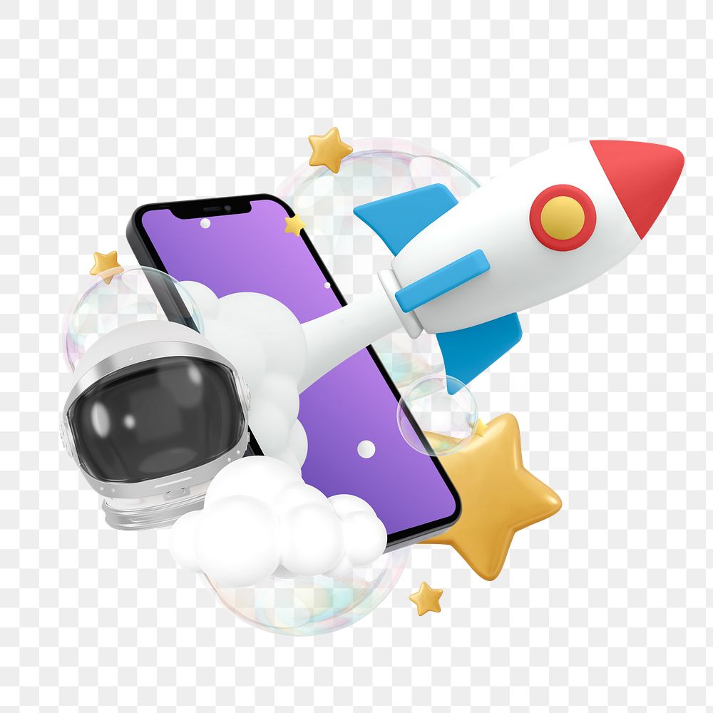 Rocket launching png out of phone, 3D space travel remix, transparent background
