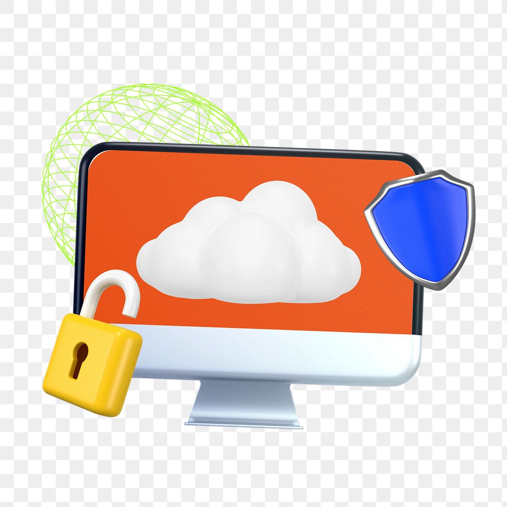 Computer unlocking png cloud storage system, 3D graphic, transparent background