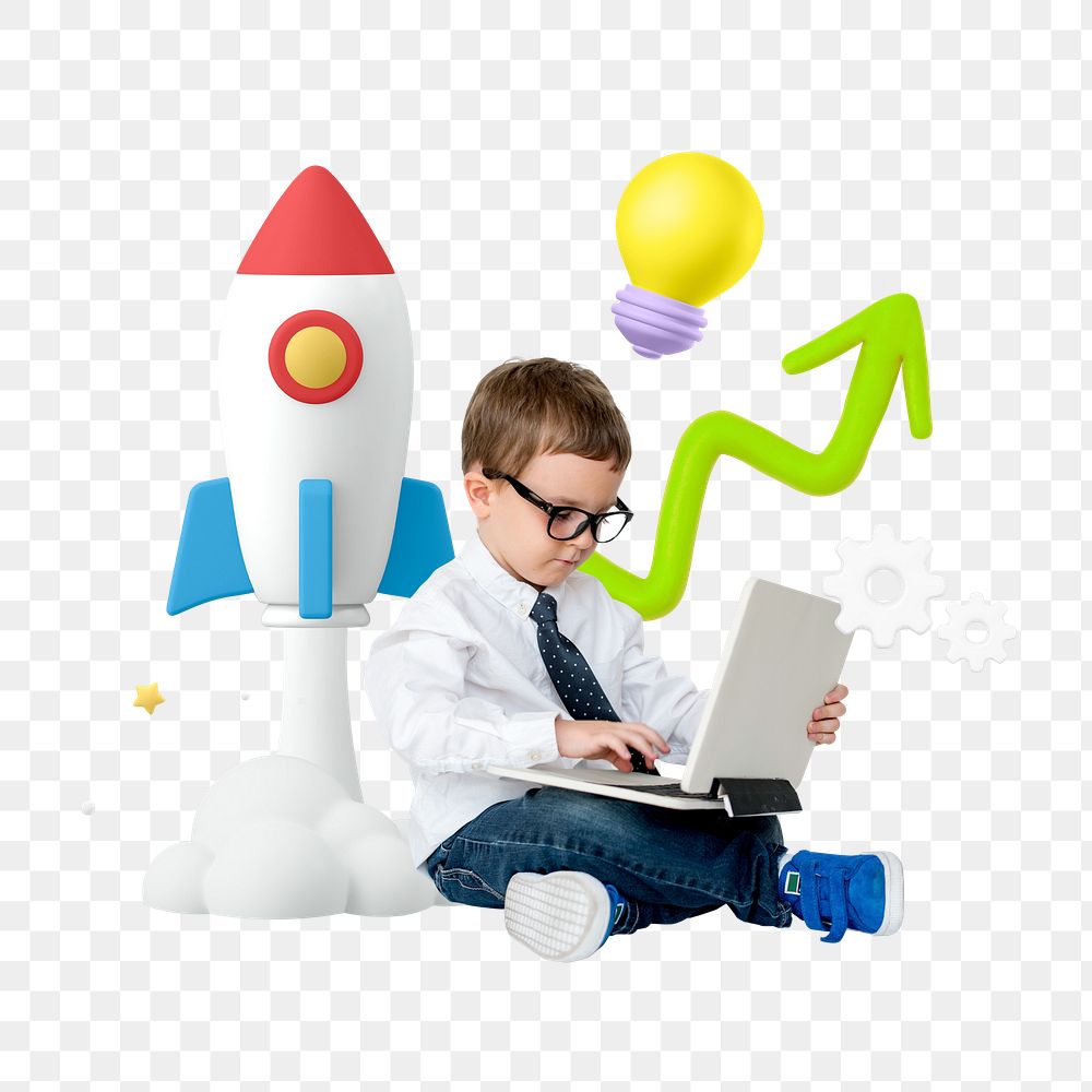 3D launching rocket png, boy dressed as businessman remix, transparent background