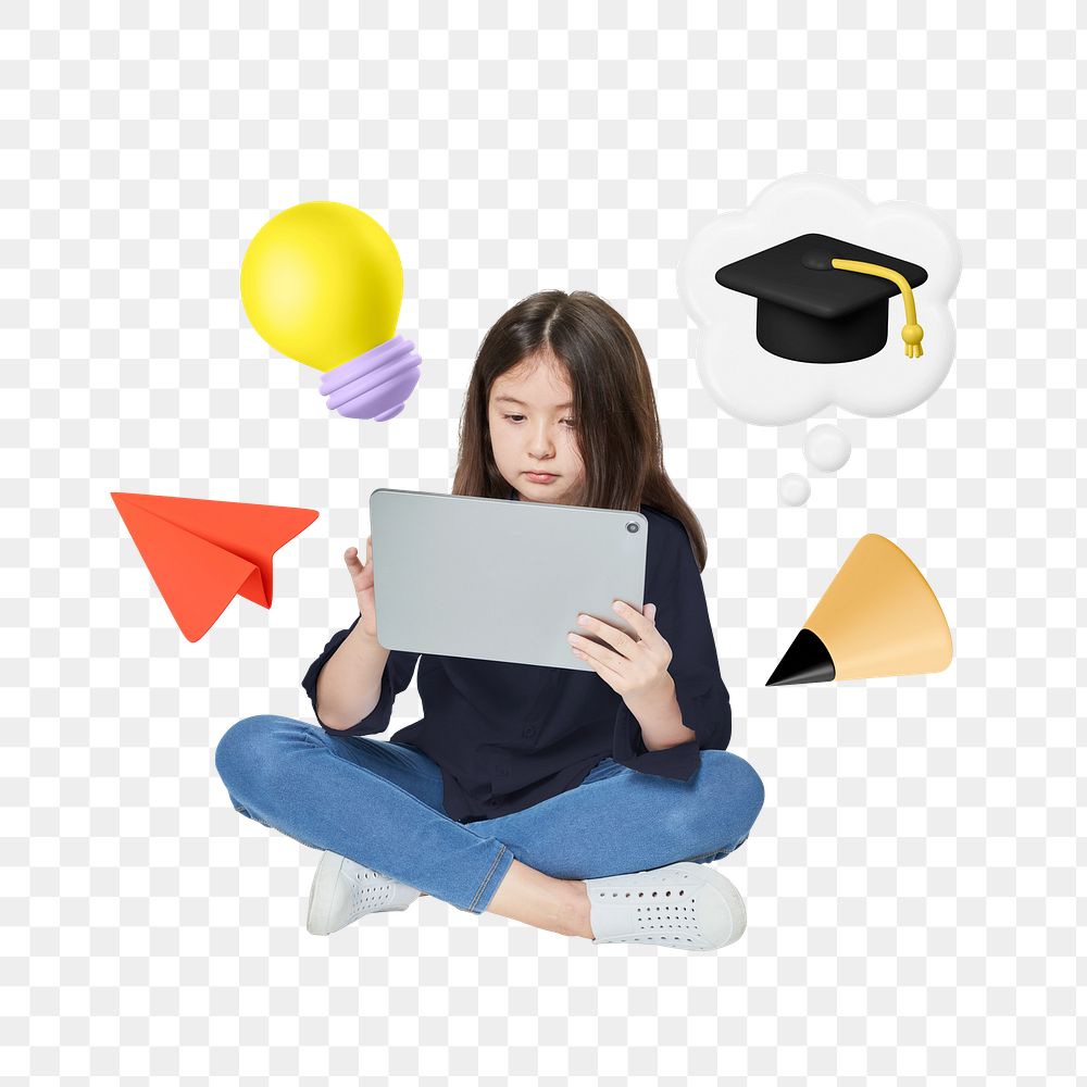 Girl using tablet png, education technology 3D remix, transparent background